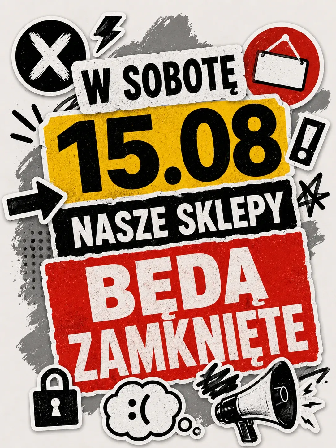 Grafika informująca o zamknięciu sklepów Vape Mate Spot w Poznaniu oraz Buch – Vape Kiosk Plewiska w sobotę 15 sierpnia. Informacja przypomina klientom o wcześniejszym zaplanowaniu wizyty i zakupów przed weekendem.