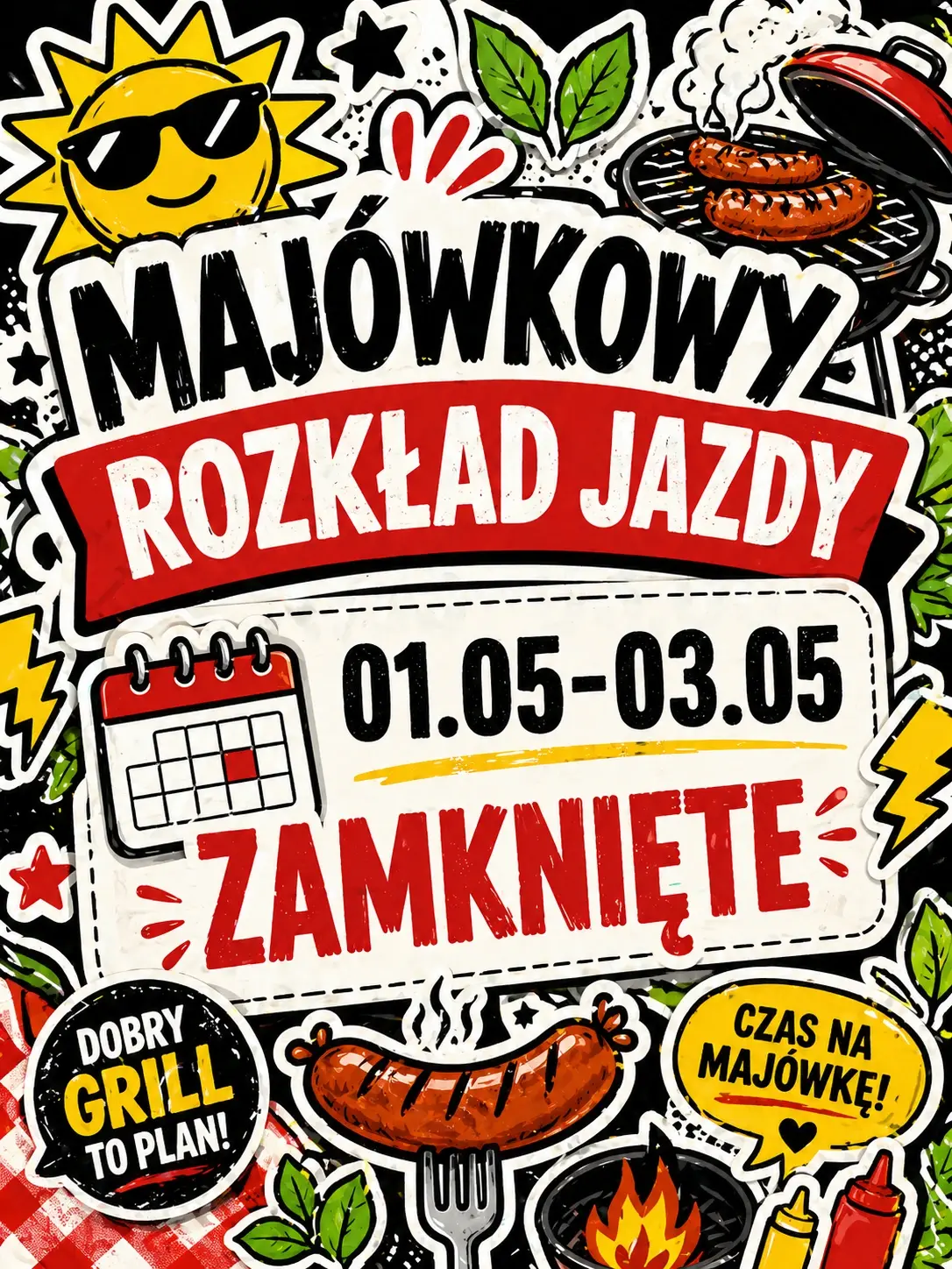 Kolorowa grafika w stylu stickerbomb informująca o majówkowych godzinach otwarcia Vape Mate Spot – vape shopu w Poznaniu. Na ilustracji widoczne są komiksowe naklejki: słońce, grill, kiełbaski i elementy piknikowe, a w centrum duży napis „01.05–03.05 ZAMKNIĘTE”. Grafika zapowiada przerwę majówkową w sklepie z e-papierosami i liquidami w Poznaniu.