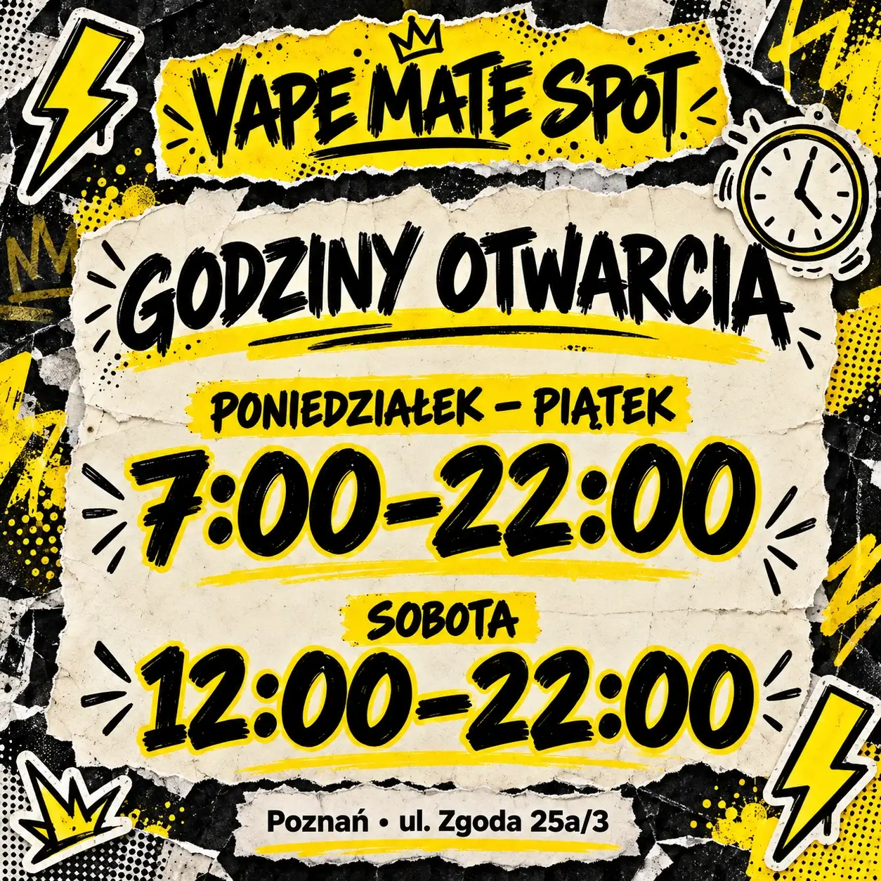 Godziny otwarcia Vape Mate Spot Poznań — nowy sobotni grafik